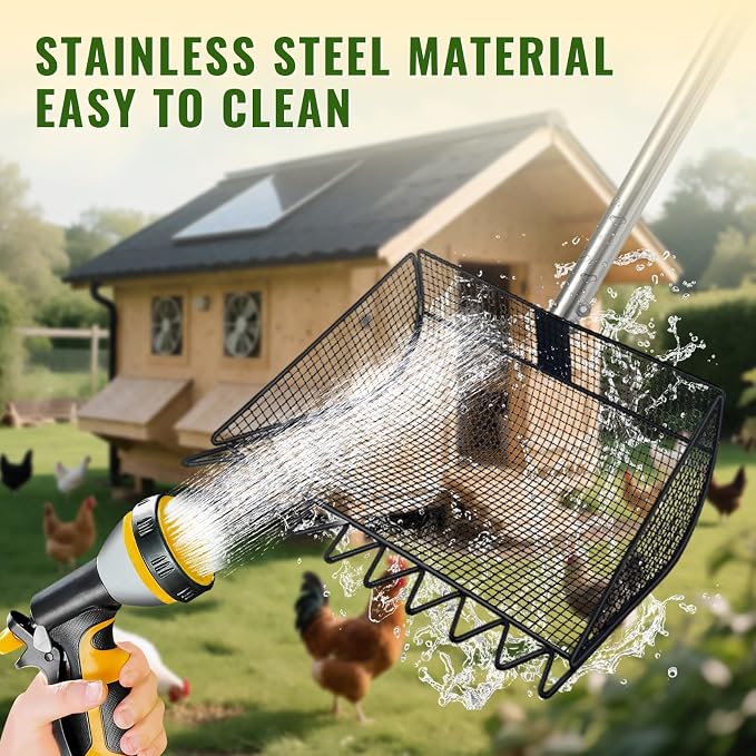 Chicken Poop Scooper, 2-in-1 Coop Scoop & Chicken Coop Rake, Sand Sifting Shovel with Adjustable Stainless Steel Handle, Up to 65 in, No-Bend Cleaning Tool - Patent-Pending (Black)