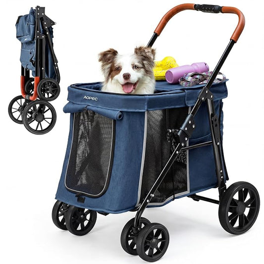 Medium Dog Stroller, Dual Entry One-Touch Folding,Small and Medium Pet Stroller,360° Rotating Front Wheels,70 lbs Weight Capacity for Outdoor Travel and Elderly Dogs - Blue