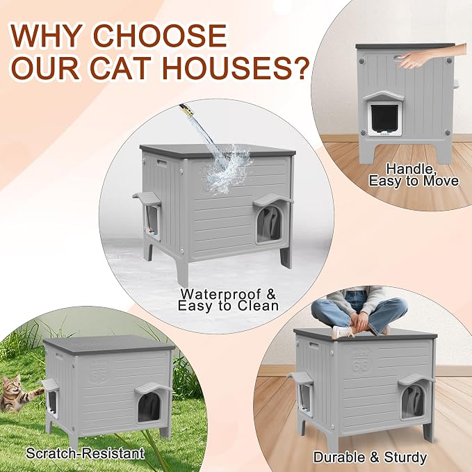 Insulated Cat House Outdoor, Large Plastic Cat Shelter Outside for Winter | Weatherproof, with Escape Door, Plastic Insulated Cats House Indoor Outdoor