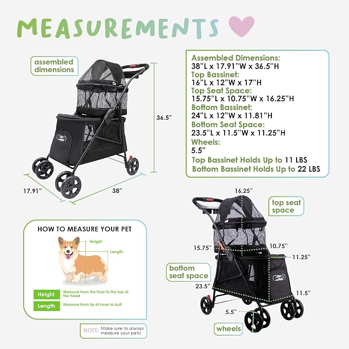 Double Decker Pet Stroller - Black: Dual Bassinets for Multiple Pets, Removable Pee Pads, Adjustable Leashes, Mesh Windows, Swivel Wheel, One-Hand Fold, Lightweight, for Small/Medium Dogs/Cats/Pets