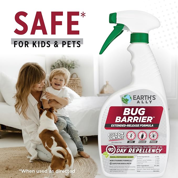 Earth’s Ally Bug Barrier - Plant Bug Spray with Essential Oils Kills Crawling Insects On Contact - Indoor Pest Control for Ants, Roaches, Spiders - Safe for Use Around Kids and Pets - 24 Ounces