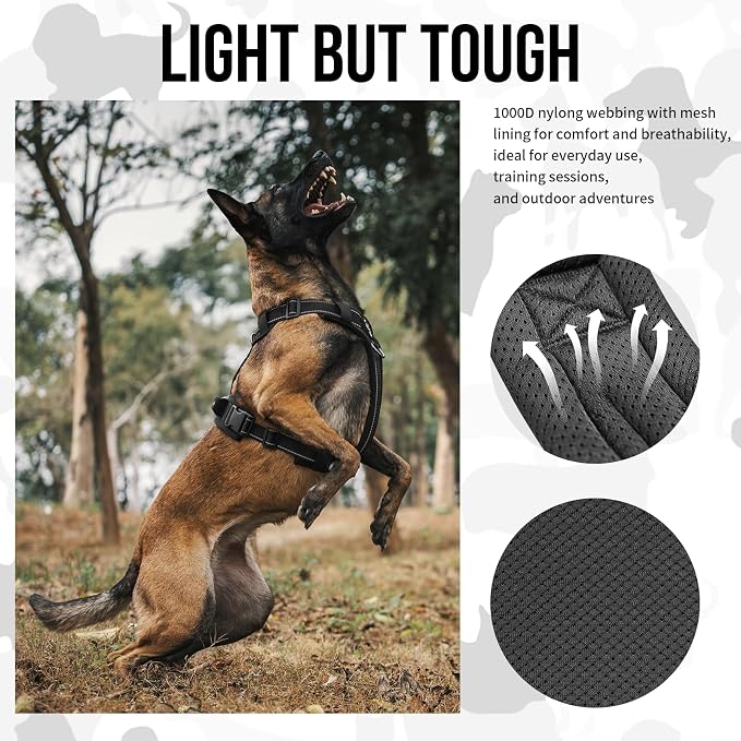 OneTigris Soft Padding No Pull Dog Vest Harness for Medium and Large Dogs | High-tensile Nylon, Adjustable, Reflective, 1 Handle, 3 D-rings, Lightweight, Tough, Easy on/off Tactical Dog Harness