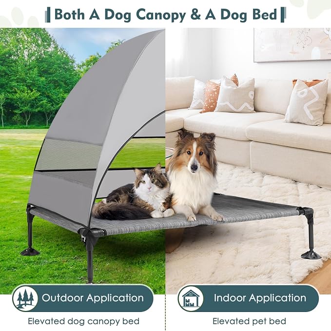 Elevated Outdoor Dog Bed with Canopy Raised Dog Cot with Shade Large Dog | Outdoor Dog Bed with Removable Wider Shade & Stable Anti-Slip Feet for Camping Raised Dogs Cot for Large Pets, Dark Gray