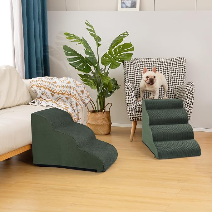 Aodisman Dog Steps for Bed or Couch,4-Step Pet Stairs Ramp for Small Dogs | 17.4" H Indoor Non-Slip Dog Stairs Help Senior Dogs,Short-Legged Breeds,Puppies and Cats to Reach Beds and Chairs,Grey,Green