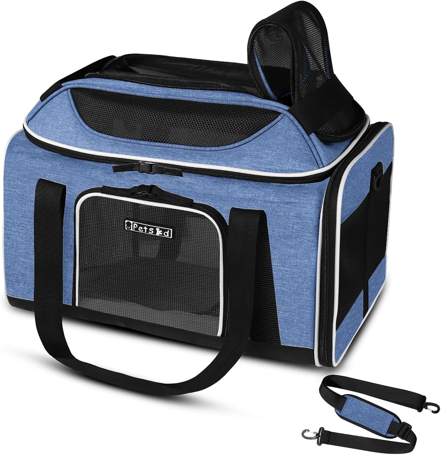 Petskd Top-Expandable Pet Carrier 18x11x11 Inches Delta American United Airline Approved, Soft-Sided Carrier for Small Cats and Dogs with Locking Safety Zippers and Anti-Scratch Mesh(Blue)