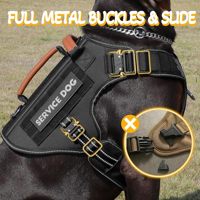 Tactical Dog Harness - HEYCAHVA Service Dog Vest Full Metal Buckles Dog Vest for Medium Large Dog Reflective No Pull Dog Harnesses Vest with Leather Handle, Hook & Loop for Hiking Training (Black, M)