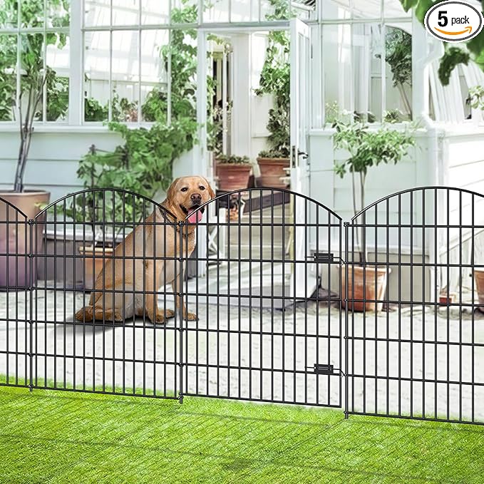 FOREHOGAR Metal Garden Gate and Fences Outdoor ECG1191, 1 Gate + 4 Fence Panels,43.2in Tall and Total Length 14.75ft, Heavy Duty Fencing for The Yard Privacy Temporary Animal Barrier for Dog, Black