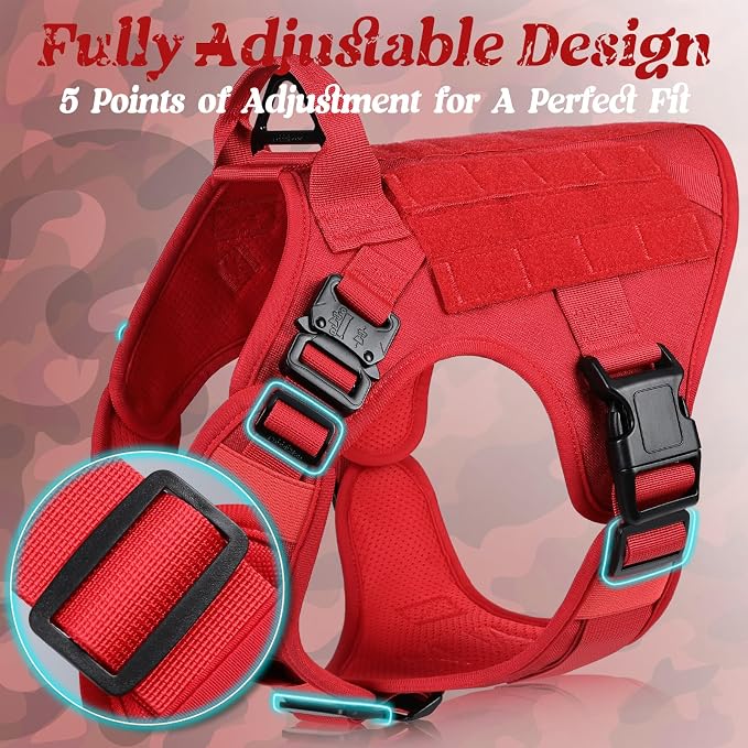 rabbitgoo Tactical Dog Harness for Large, Heavy Duty Military No Pull Vest | Sturdy Metal Buckles, 5 Adjustments, Molle System, Powerful Pullers for Training, Hunting, Outdoor, Red, Large