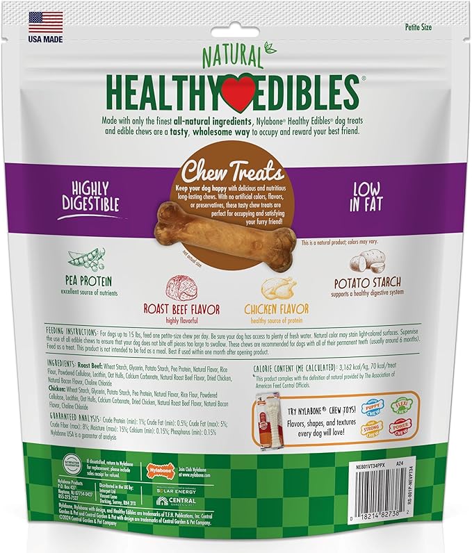 Nylabone Healthy Edibles Natural Dog Chews, Long Lasting Bones for Dogs, Roast Beef & Chicken Flavor Dog Treats, X-Small (34 Count)