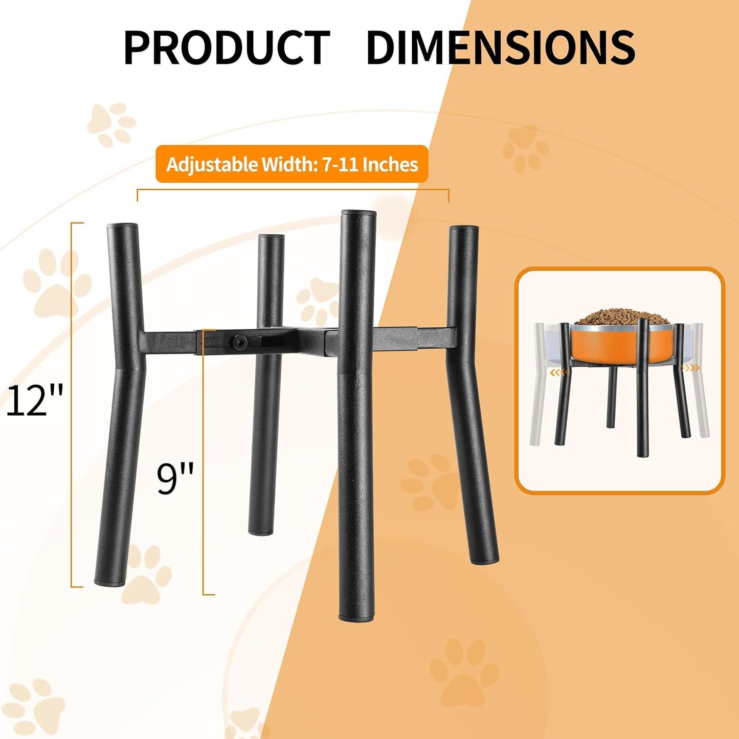 Lifted Dog Bowl Stand - Without Bowls, Single Raise Pet Food Table Adjustable Wide 7-11", Tall 12" - Bowl Stand Size Optional, Dog Bowl Holder Elevated for Small Medium Large Dog Breed