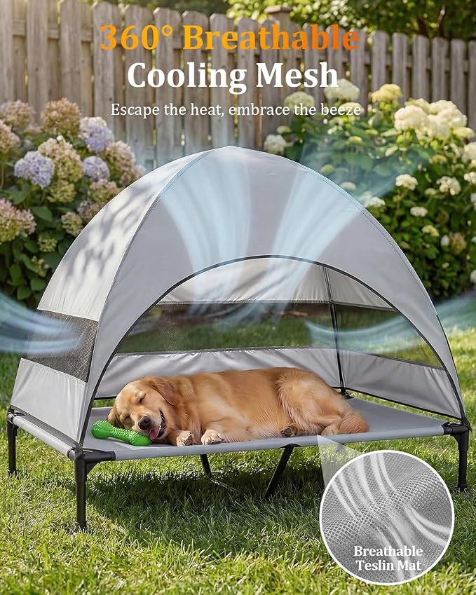 Elevated Dog Bed with Canopy - 3-Sided UV Protection Pet Tent with Wider Shade, Raised Cooling Outdoor Dog Cot with Breathable Mesh for Medium Large Dogs, Portable Bed for Camping, Patio (Grey, XL)