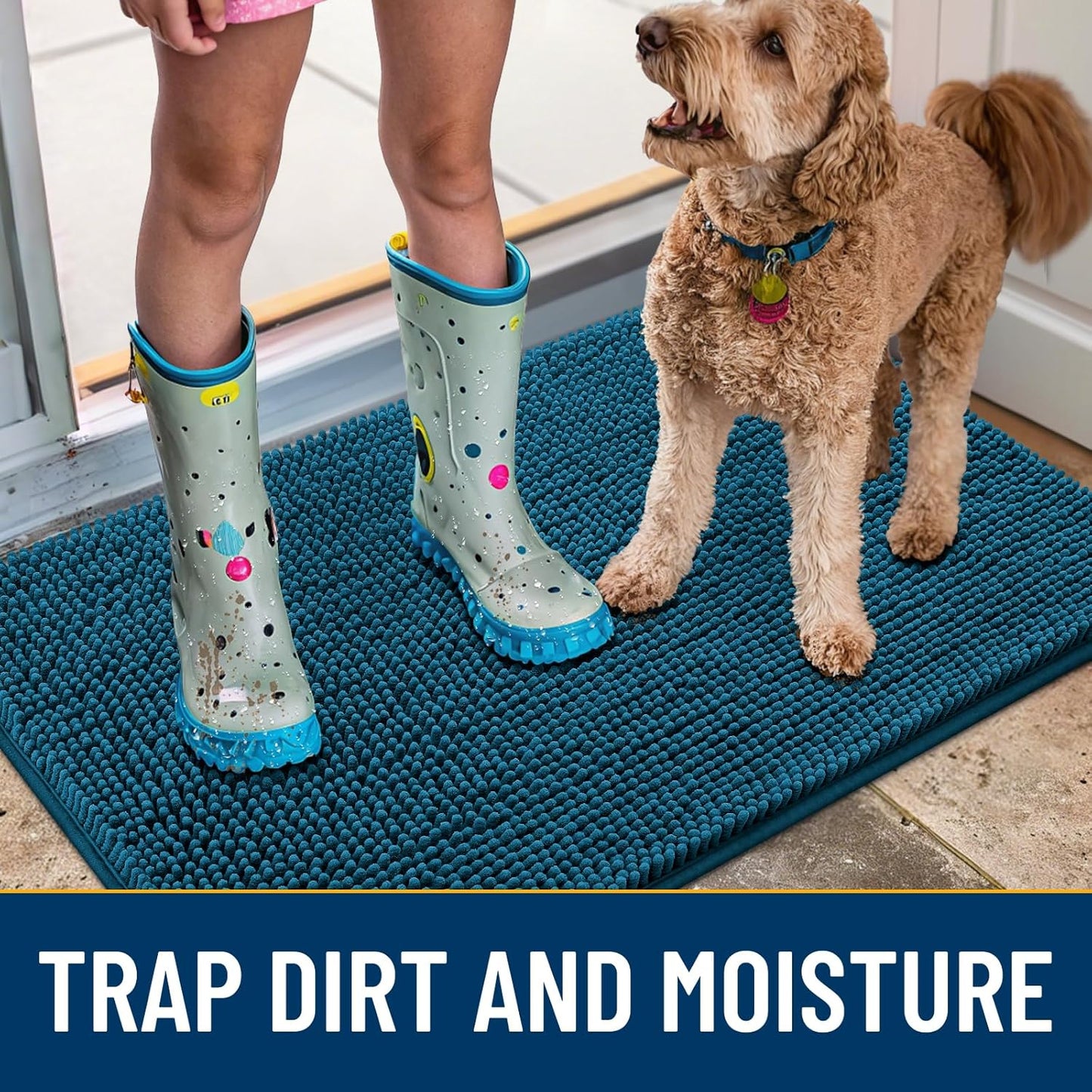 Smiry Dog Door Mat for Muddy Paws 40x32, Absorbs Moisture and Dirt Doormat, Non-Slip Washable Quick Dry Chenille Front Door Mat Indoor Entrance, Entryway Carpet for Inside Floor, Atlantic Blue