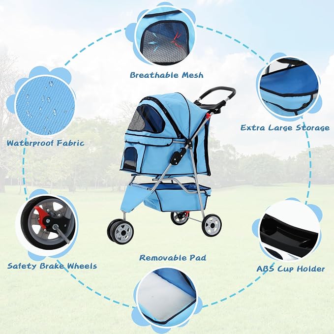 Pet Stroller for Small Medium Dogs & Cats,3-Wheel Breathable Compact Foldable Dog Carrier with Storage Basket, Outdoor Portable Lightweight Travel Stroller for Camping,Blue