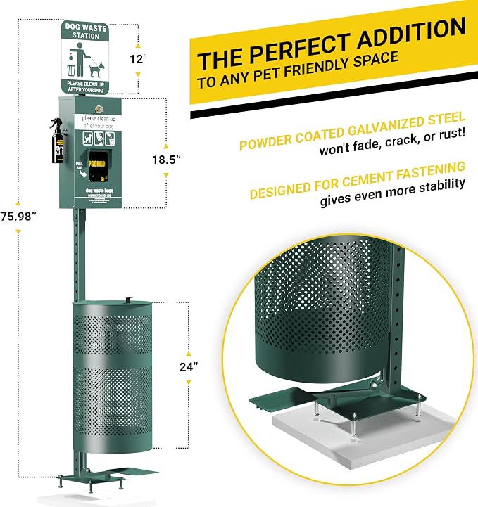 Dog Waste Station with Foot Pedal, 400 Bags, 50 Can Liners, Glow in the Dark Sign, Bag Dispenser, Hand Sanitizer, Outdoor Trash Can