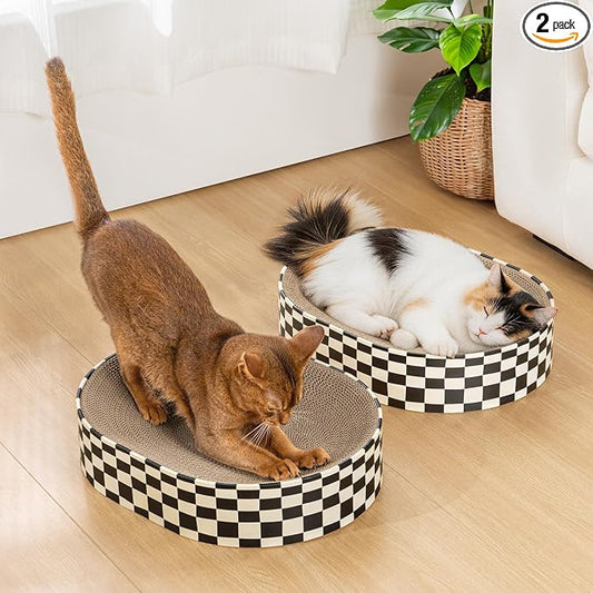 Conlun Oval Cat Scratcher Bed Bowl Lounge for Kittens | Medium | 2 Pack | Ideal for Multi-Cat Households | Concave Cardboard Pad | No Mess Enclosed Base | Couch Furniture Protector