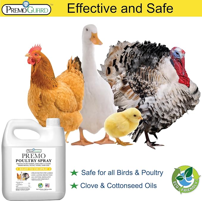 Premo Guard Poultry Spray - 128 oz - Kill Scaly Leg, Mites, Fleas, Lice, & Other Pests on Chickens and in Coops - Natural Plant Based Oils for Control & Prevention - Family Safe with No Egg Withdrawal