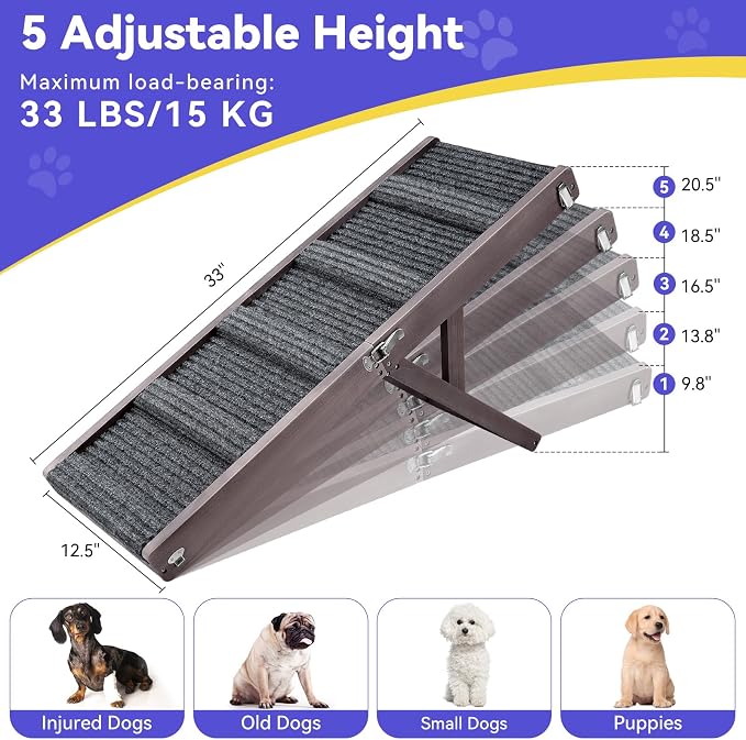 Pawaboo 2026 Upgraded Dog Ramp for Couch, Foldable Small Dog Ramp for Sofa, 5 Adjustable Height from 9.8" to 20.5", Portable Stable Pet Step with Non-Slip Pad, Pet Ramps Use for Stairs,Grey Purple