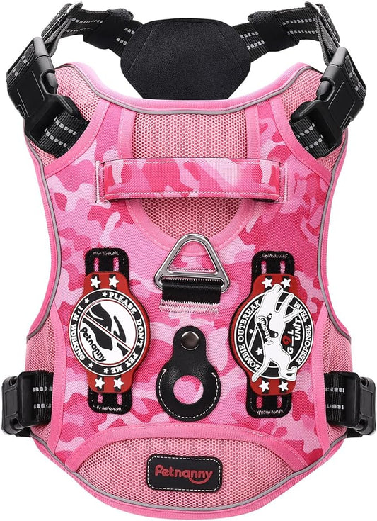 Petnanny Tactical Dog Harness No Pull Service Dog Vest XL Pink Camo | Tactical Dog Vest with breathable mesh & hook loop panel, no pull harness for walking training, adjustable fit
