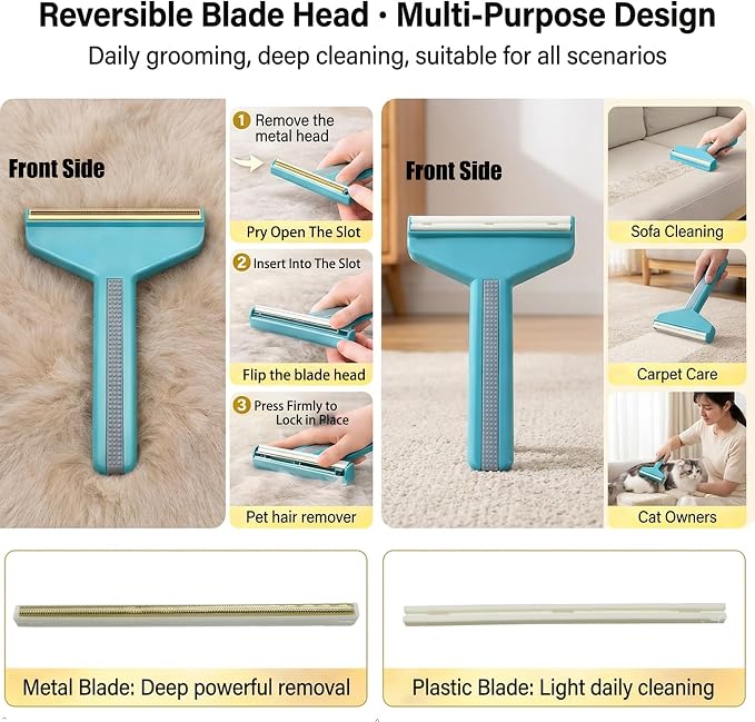 4-in-1 Lint Remover, Reusable Hair Remover for Couch, Carpet, Clothes, Car, Dual Blades Static Back Silicone Brush, Remove All Types of Embedded & Surface Hair, No Fabric Damage