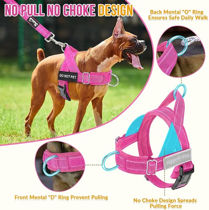 SlowTon No Pull Dog Harness with Front Clip - Heavy Duty, Soft Padded | Neck & Chest Adjustable, Tactical Pet Vest and Leash Set for Large Medium Sized Dogs, for Easy Walk & Training, Fuchsia XL