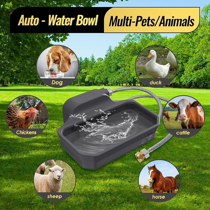 FICUSWIN Automatic Water Dispenser for Large Dogs Patented Fit 3/4in GHT Male Faucet Outdoor Animal Water Bowl Include Water Valve, 5ft Water Hose, Copper Connector
