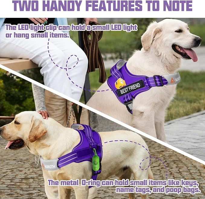 AUROTH Dog Harness for Large Dogs No Pull Tactical Harness and Leash Set | with Leash Clips, LED light clip, Breathable Mesh Padded No Choke, Easy Walking and Training, Purple, Large
