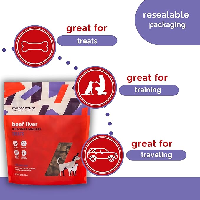 Momentum Carnivore Nutrition Freeze-Dried Beef Liver Dog Treats & Cat Treats – Single-Ingredient, High-Protein, Grain-Free, Nutrient-Rich – Made in USA – 4 oz Bag