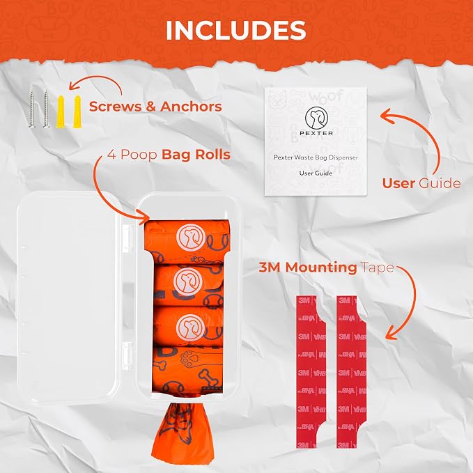 PEXTER Dog Poop Bag Dispenser - Outdoor or Indoor Pet Waste Bag Dispenser Station - Stick-On or Screw-On Wall Mount - Poop Bags Storage Outdoor Container - Includes 4 Doggie Bag Rolls (White)
