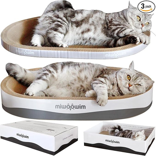 miwoowim 23.6" Extra Large Cat Scratcher Bed & Box Set, Oval Lounge Bowl | Includes 2 Oval Shape Beds & 1 Box with corrugated cardboard Scratch pad. Perfect for big cats and multi-cat households.