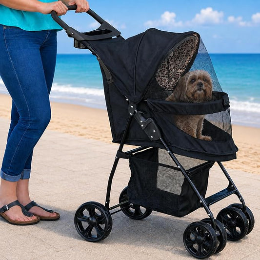 Pet Gear No-Zip Happy Trails Lite Pet Stroller, Leopard Print | Zipperless Entry, Easy Fold with Removable Liner, Safety Tether, Storage Basket + Cup Holder, For Cats/Dogs