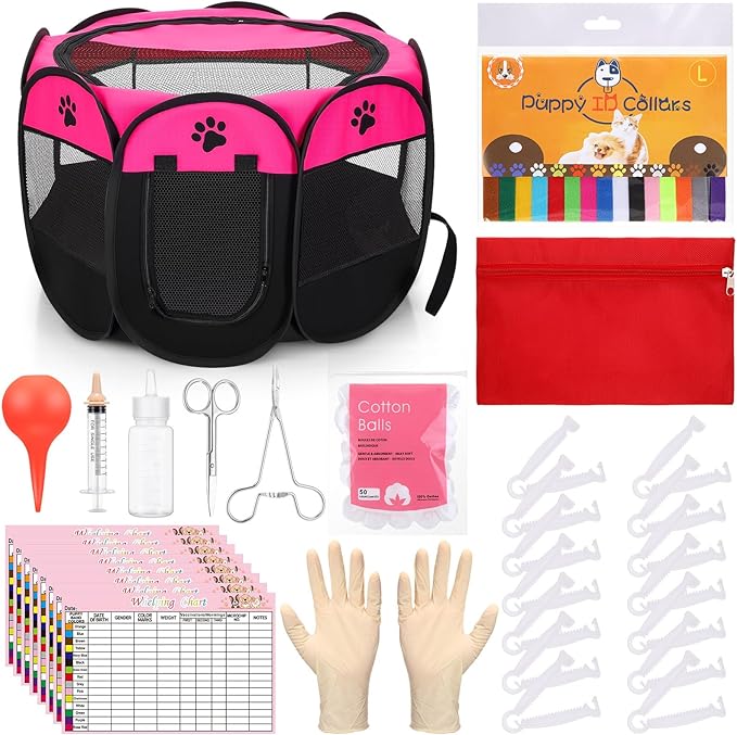 PullCrease 45 Pcs Puppy Dog Kitten Whelping Supplies Starter Kit for Birth Include Pet Playpen Whelping Collar Cord Clamp Bulb Aspirator Syringe Bottle Scissor Glove Bag for New Born Pet Supplies