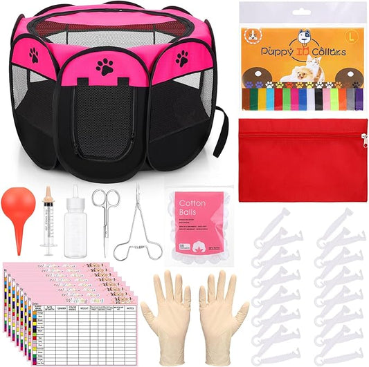 PullCrease 45 Pcs Puppy Dog Kitten Whelping Supplies Starter Kit for Birth Include Pet Playpen Whelping Collar Cord Clamp Bulb Aspirator Syringe Bottle Scissor Glove Bag for New Born Pet Supplies