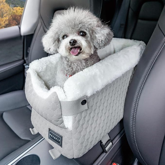PETSFIT Small Dog Car Seat with Washable Cushion, Soft Pillow, Safety Leash | Dual Seat-rail Hooks with Adjustable Straps Help Reduce Shifting, Console Dog Car Seat for pets Under 8 lbs, Light Grey