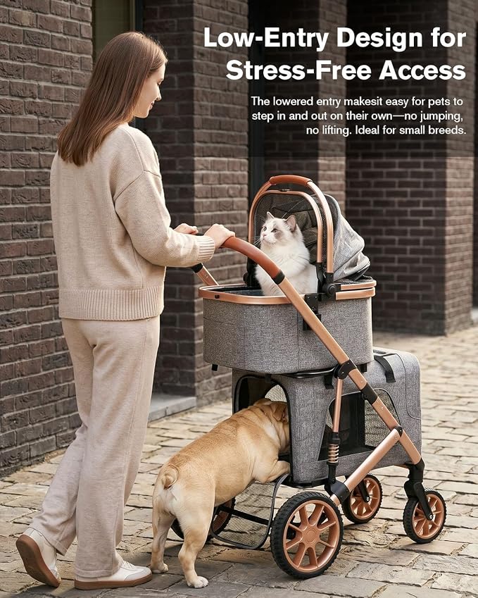 HOVONO Double Dog Stroller for 2 Small & Medium Dogs/Cats Up to 60 lbs | 3-in-1 Pet Stroller with Detachable Carrier, Lightweight Aluminum Alloy, Foldable Frame, Rubber Wheels with Suspension