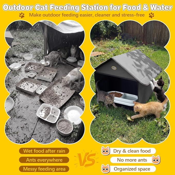 Weatherproof Outdoor Cat Feeding Station with 2 Bowls 32oz | Waterproof 3-layer Oxford fabric. Ant-proof bowls with moat. 17x16.5x12.6in. Tool-free assembly in minutes.