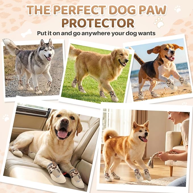SlowTon Dog Shoes for Large Small Medium Dogs - Breathable Dog Boots for Summer Hot Pavement, Paw Protector for Outdoor Walking Winter Snow, Anti-Slip Rubber Dog Booties for Hardwood Floor (LP BG, 4)