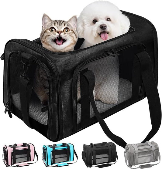 Soft-Sided Cat Carrier Expandable Pet Carrier Airline Approved Mesh Travel Carrier Up to 22lbs for Cats Small Dogs Collapsible Escape-Proof with Shoulder Strap Washable (20x13x13 Black)