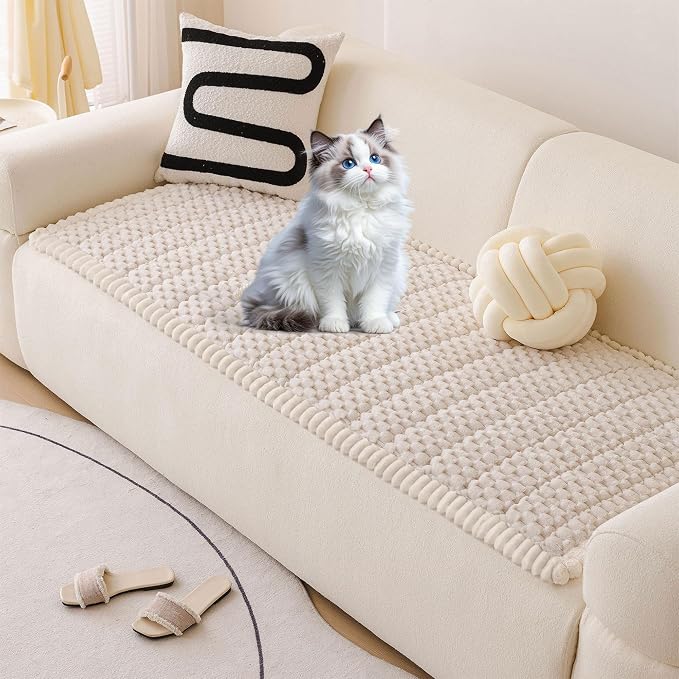 OTOB Couch Cover for Dogs Washable All Seasons Non Slip Fuzzy Pet Couch Covers Sofa Slipcovers Cushion Mat, Plush Soft Cozy Furniture Protector Kids Pet Friendly (Cream, 23.6" x 47.2")