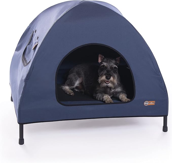 K&H Elevated Dog Bed, Outdoor Pet Cot House for Medium Pets - 32x25in Blue | Outdoor Raised Dog Bed House, Enclosed Canopy, Window Flaps for Air Flow, Washable Cover, Raised Metal Frame, Collapsible