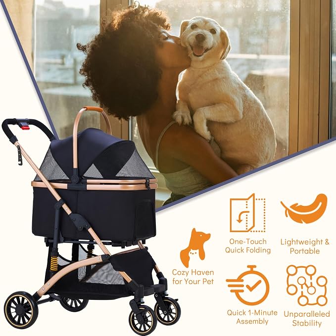 Dog Stroller for Small Dogs, Lightweight Pet Stroller for 2 Cats Dogs with 6 Shock Absorption System, Detachable Carrier Suitable for Car Seat & Hand Carry, Safe Outings, Black