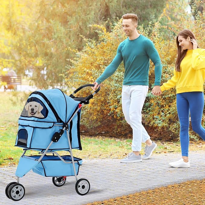 Pet Stroller for Small Medium Dogs & Cats,3-Wheel Breathable Compact Foldable Dog Carrier with Storage Basket, Outdoor Portable Lightweight Travel Stroller for Camping,Blue