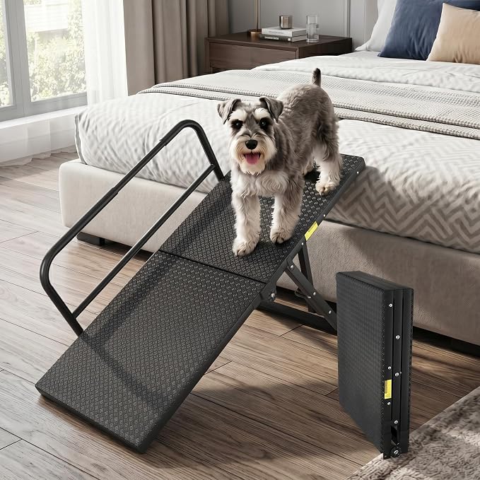 Dog Ramp for Bed,Couch,Car, 5-Level Adjustable Foldable Pet Ramp | With Non-Slip Rubber Surface & Safety Side Rail, Adjustable Height 13"-18.3", For Small & Medium Dogs, Supports Up to 200 lbs