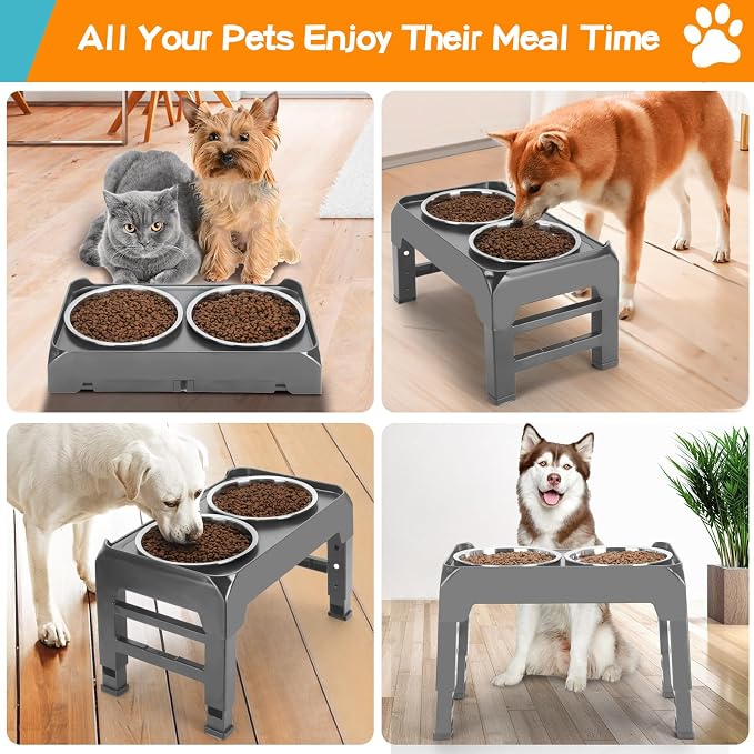 Elevated Bowls, 4 Height Adjustable Raised Stand with 2 Thick 50oz Stainless Steel Food Bowls, Non-Slip Feeder for Large Medium Dogs, Adjusts to 3.7", 9.2", 10.75", 12.36" Grey (Pack of 2)
