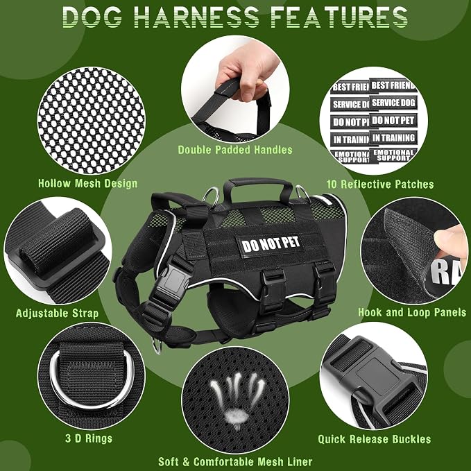 Tactical Molle Vest Mesh Dog Harness with 10 Removale Pet Patches | Breathable Service Dog harness with Double Soft Padded Handle for Small Dog, Reflective Military Pet Vest for Walk Hiking