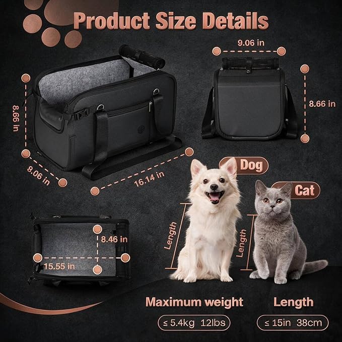 YUDODO 2-12lbs Center Console Dog Car Seat, Pet Booster Seat for Small Dogs | Portable Puppy Cat Seat, PU Leather, Waterproof, Wipe Clean, Safe & Durable, Side Pockets, for Truck & SUV-Width>8in, Black
