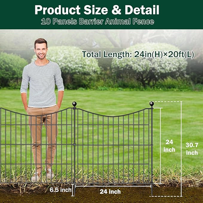 10 Panels No Dig Dog Fence Outdoor for Yard, 24 in(H) X 20 ft(L) Decorative Tall Garden Fence Animal Barrier, Rustproof Metal Wire Garden Edging and Borders, Temporary Fencing Stakes