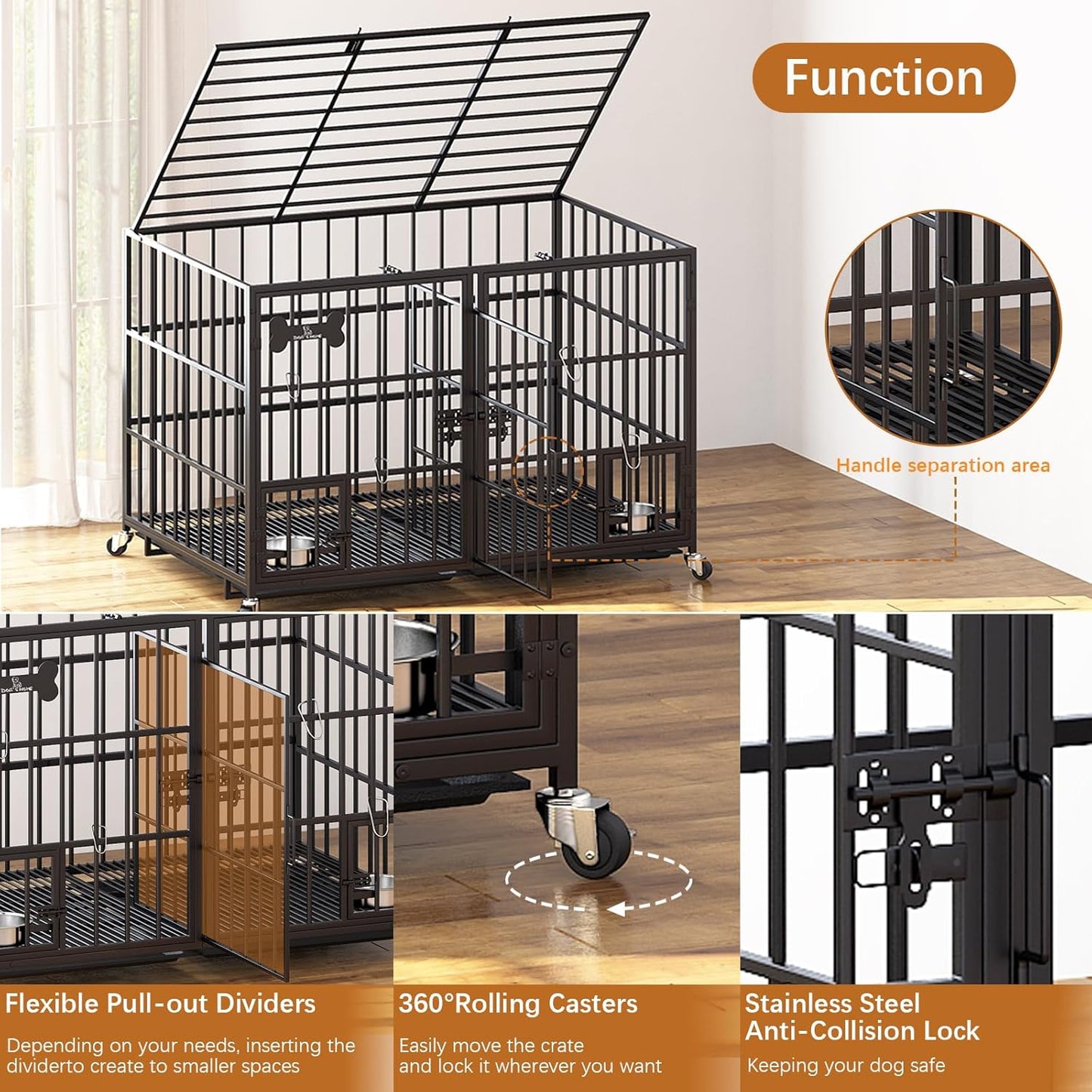 54 inch XL Dog Crate for Large Dog/Double Medium Dogs,Heavy Duty Metal Dog Cages,All Metal Open Top,Dog Kennel Indoor with Wheels,Floor Grid, Tray, Divider and Feeding Bowl