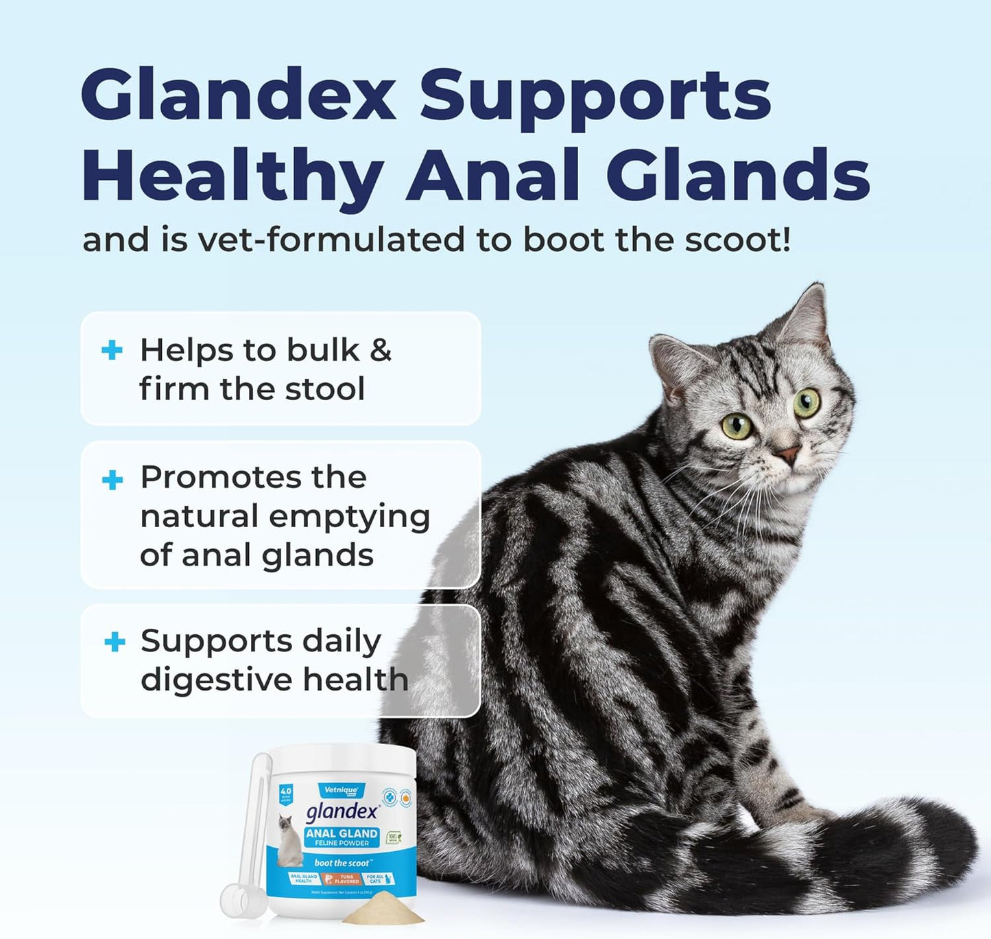 Vetnique Glandex Feline Anal Gland or Daily Probiotic Fiber Supplement Powder for Cats with Digestive Enzyme, Probiotics and Pumpkin, Vet Recommended for Healthy Bowels (4oz, Anal Gland Powder - Tuna)