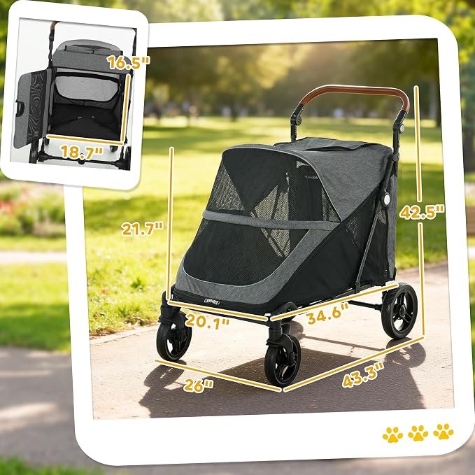 PawHut Dog Stroller for Large Dogs, One-Click Folding 4 Wheel Large Pet Stroller Wagon for Multiple Pets, All Terrain Spring Suspension w/ 8-Position Adjustable Handle, Mesh Window, Up to 66 LBS, Gray