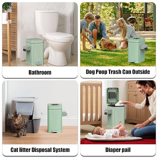 Dog Poop Trash Can for Outside & Indoor, 5L/1.3Gal Small Pet Waste Bin with Odor Control Carbon Filter, 2-Way Open (Step & Press Top), Dog Waste Container with Trash Bag Holder, Green